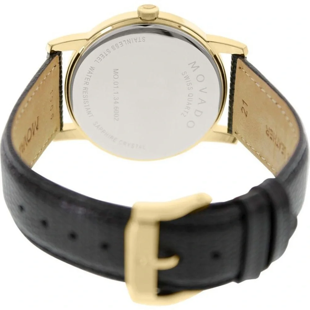 Movado Leather Watch - Grained Black Leather with Gold